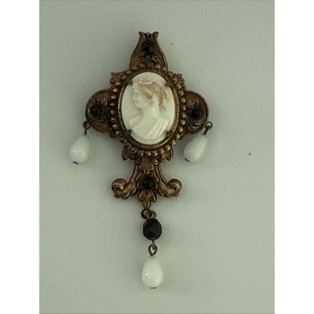 Vintage Victorian Revival Cameo Dangle Brooch Faux Pearl Unmarked